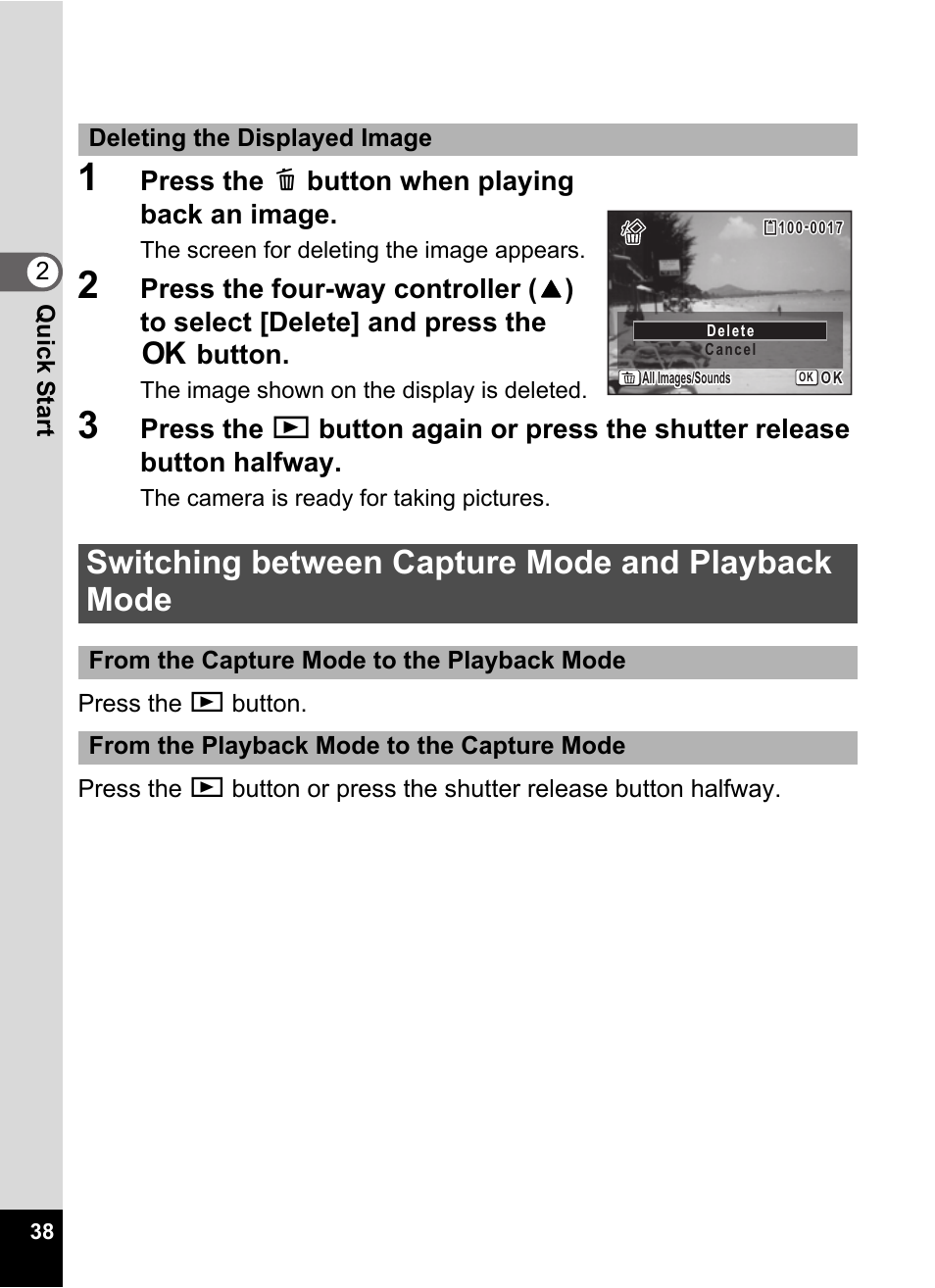 1 press the i button when playing back an image, Switching between capture mode and playback mode, Press the i button when playing back an image | Pentax Optio E60 User Manual | Page 40 / 181