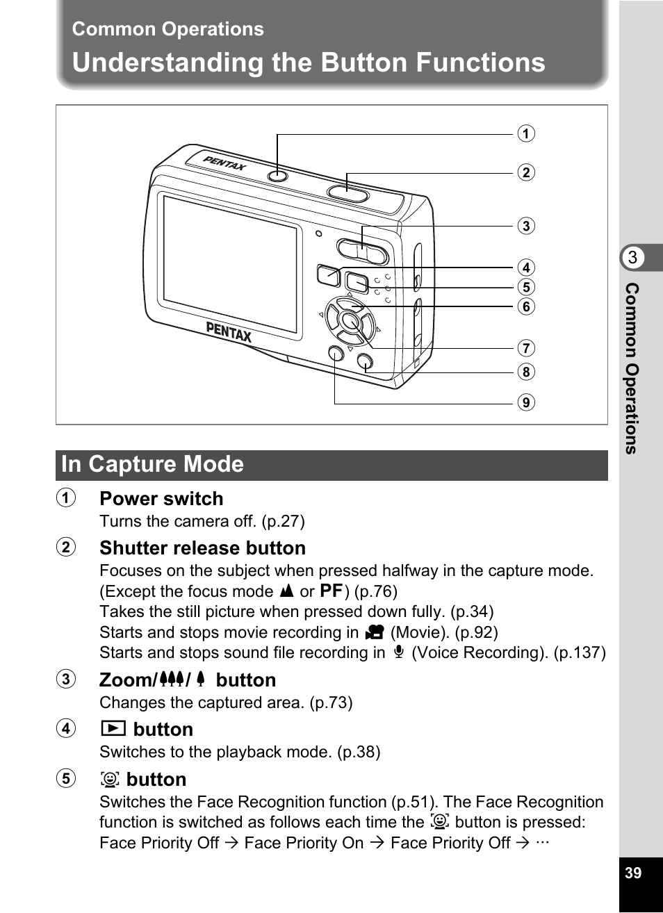 Common operations, Understanding the button functions, In capture mode | Pentax Optio E60 User Manual | Page 41 / 181