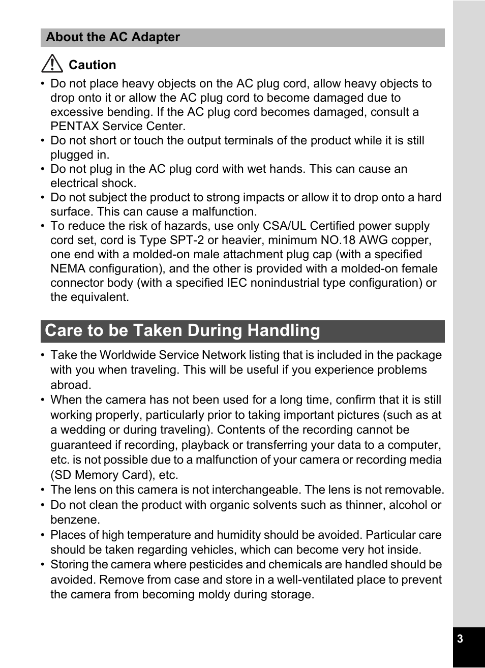 Care to be taken during handling | Pentax Optio E60 User Manual | Page 5 / 181