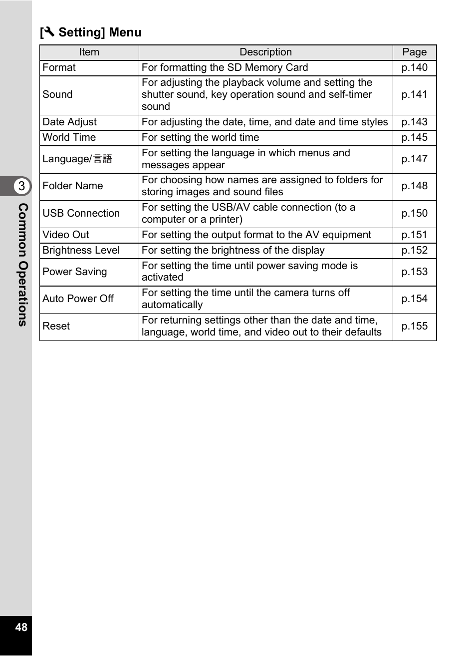 Y. (p.48), 3common operations [ w setting] menu | Pentax Optio E60 User Manual | Page 50 / 181