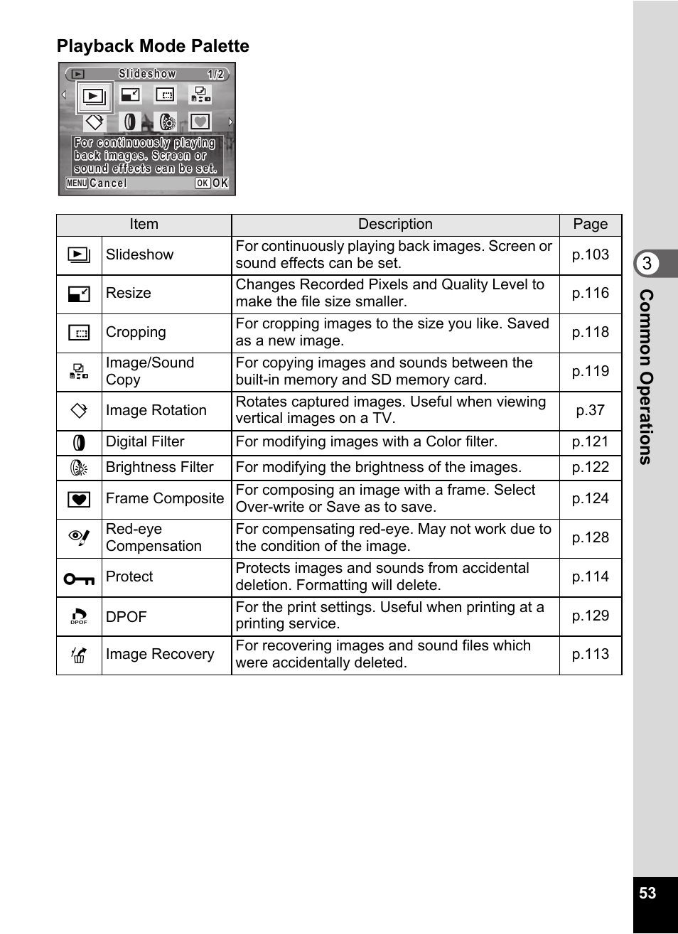 Playback mode (p.53), Face priority icon (p.53), Displays the playback mode palette. (p.53) | P.53), 3common operations playback mode palette | Pentax Optio E60 User Manual | Page 55 / 181
