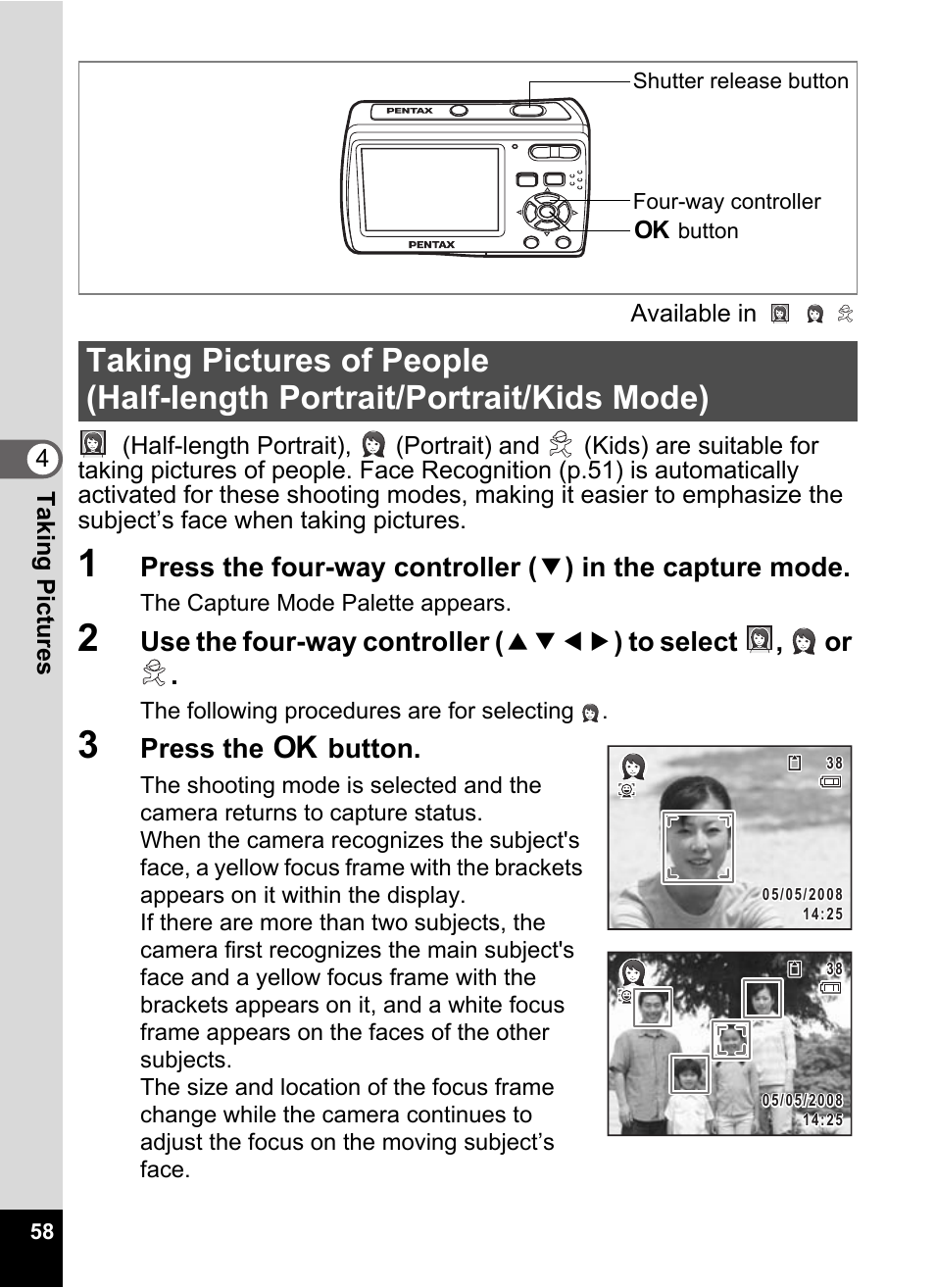 3 press the 4 button, P.58, Press the 4 button | Pentax Optio E60 User Manual | Page 60 / 181