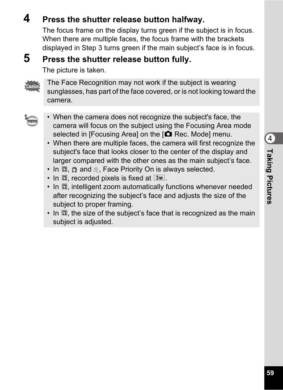 4 press the shutter release button halfway, 5 press the shutter release button fully | Pentax Optio E60 User Manual | Page 61 / 181