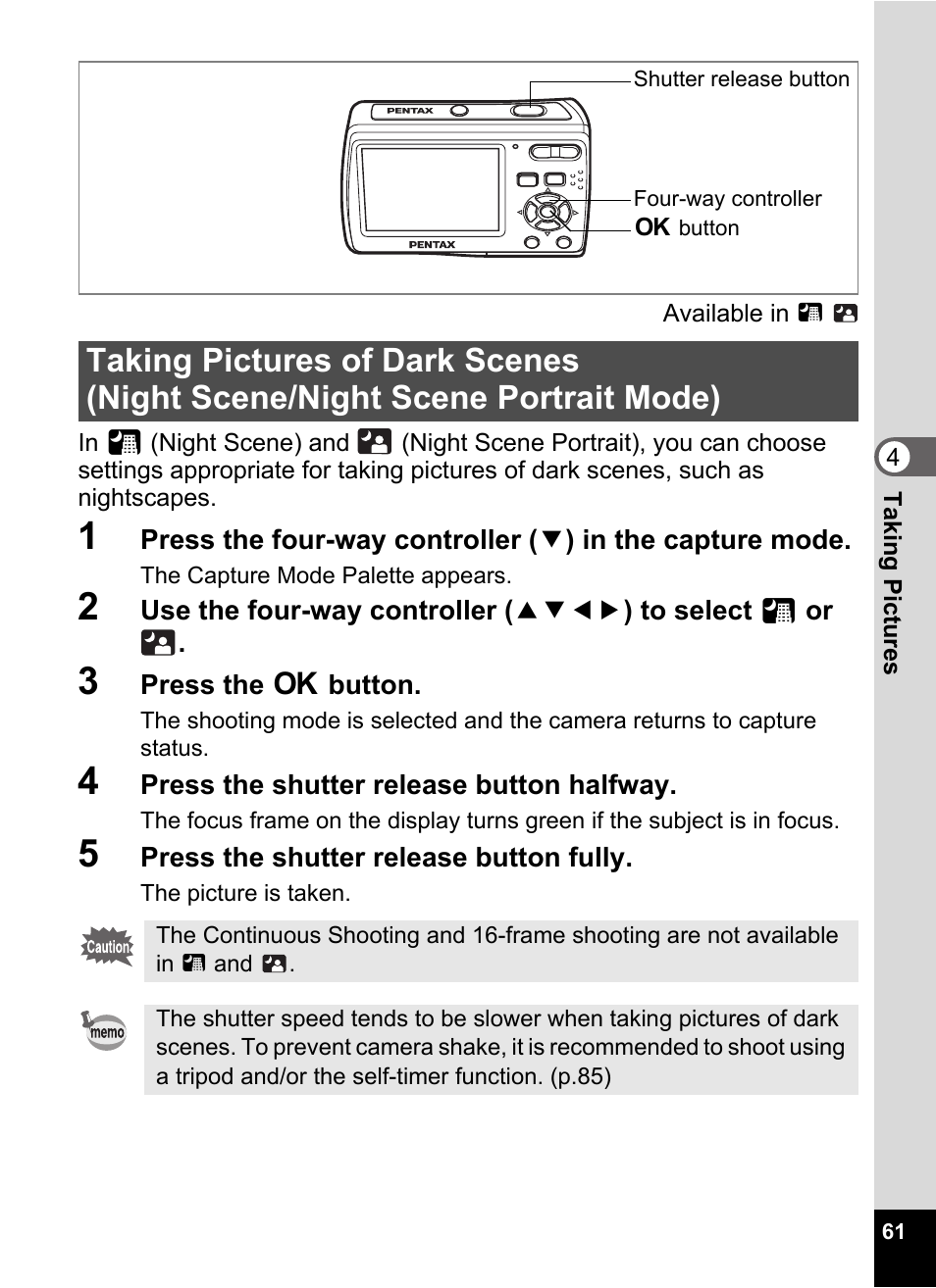 3 press the 4 button, 4 press the shutter release button halfway, 5 press the shutter release button fully | Pentax Optio E60 User Manual | Page 63 / 181