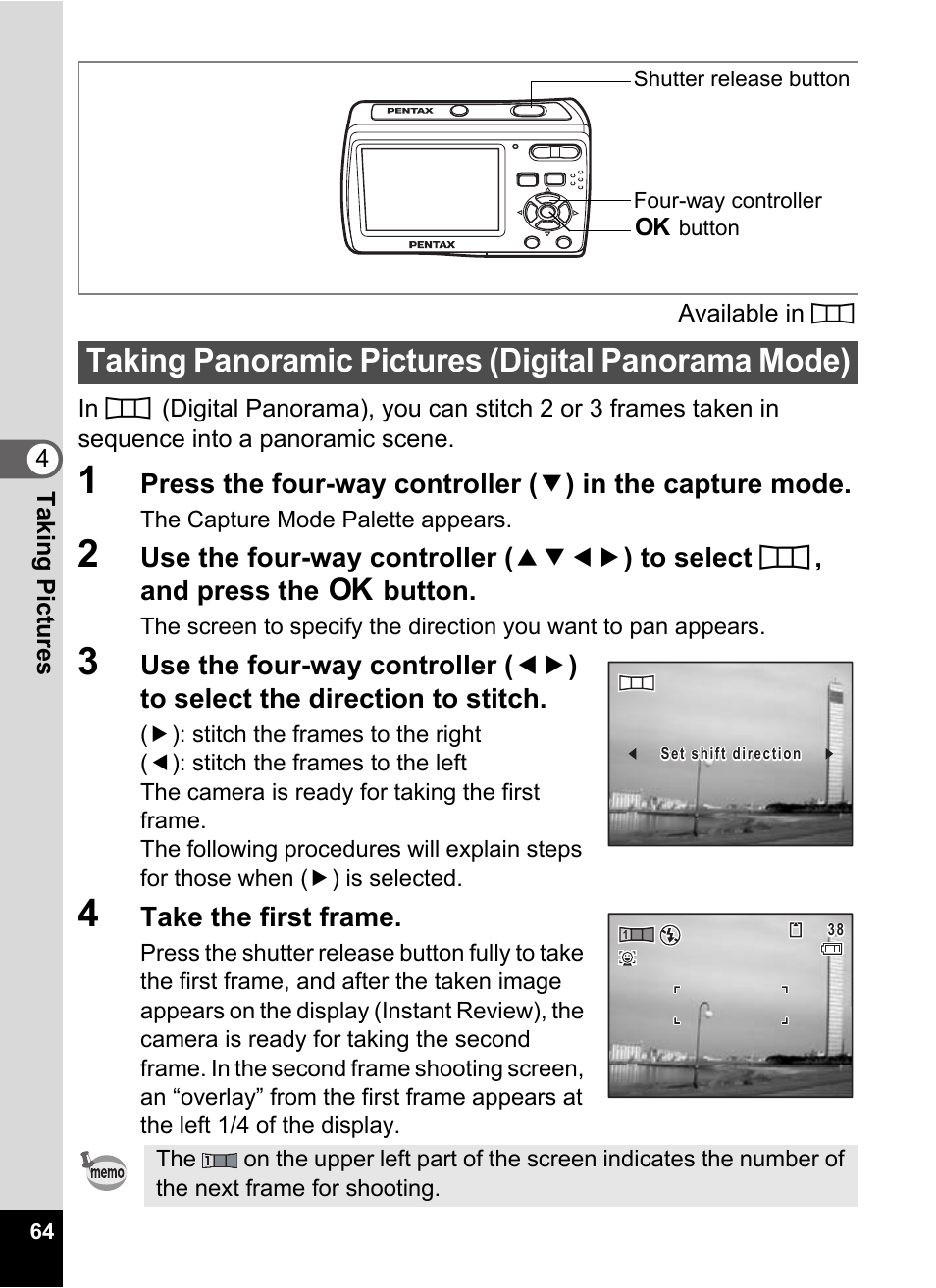 4 take the first frame, Taking panoramic pictures (digital panorama mode), P.64 | Pentax Optio E60 User Manual | Page 66 / 181
