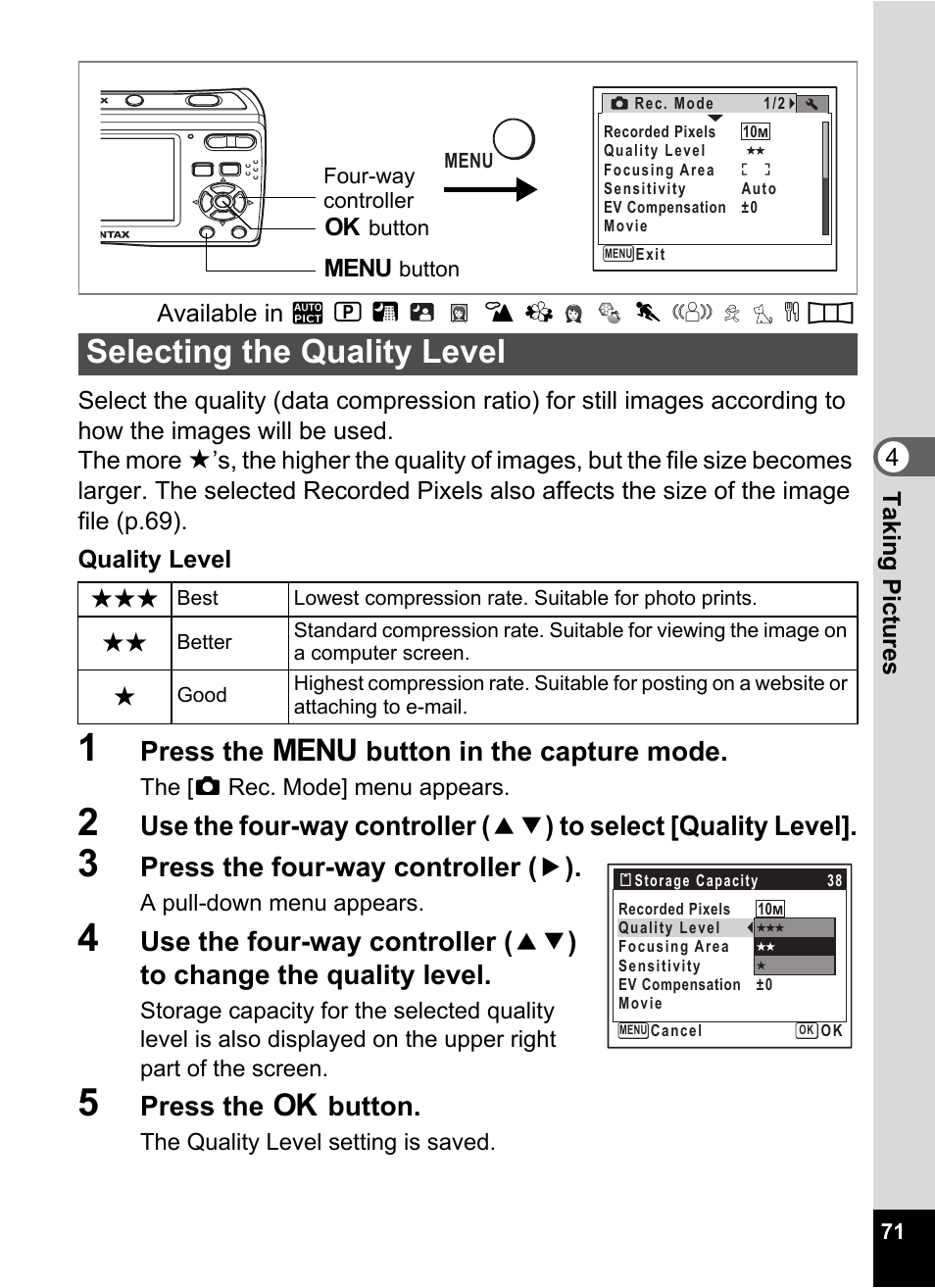 1 press the 3 button in the capture mode, 3 press the four-way controller (5), 5 press the 4 button | Selecting the quality level, Quality level (p.71), Selecting the quality level 1p.71, P.71, Press the 3 button in the capture mode, Press the four-way controller ( 5 ), Press the 4 button | Pentax Optio E60 User Manual | Page 73 / 181