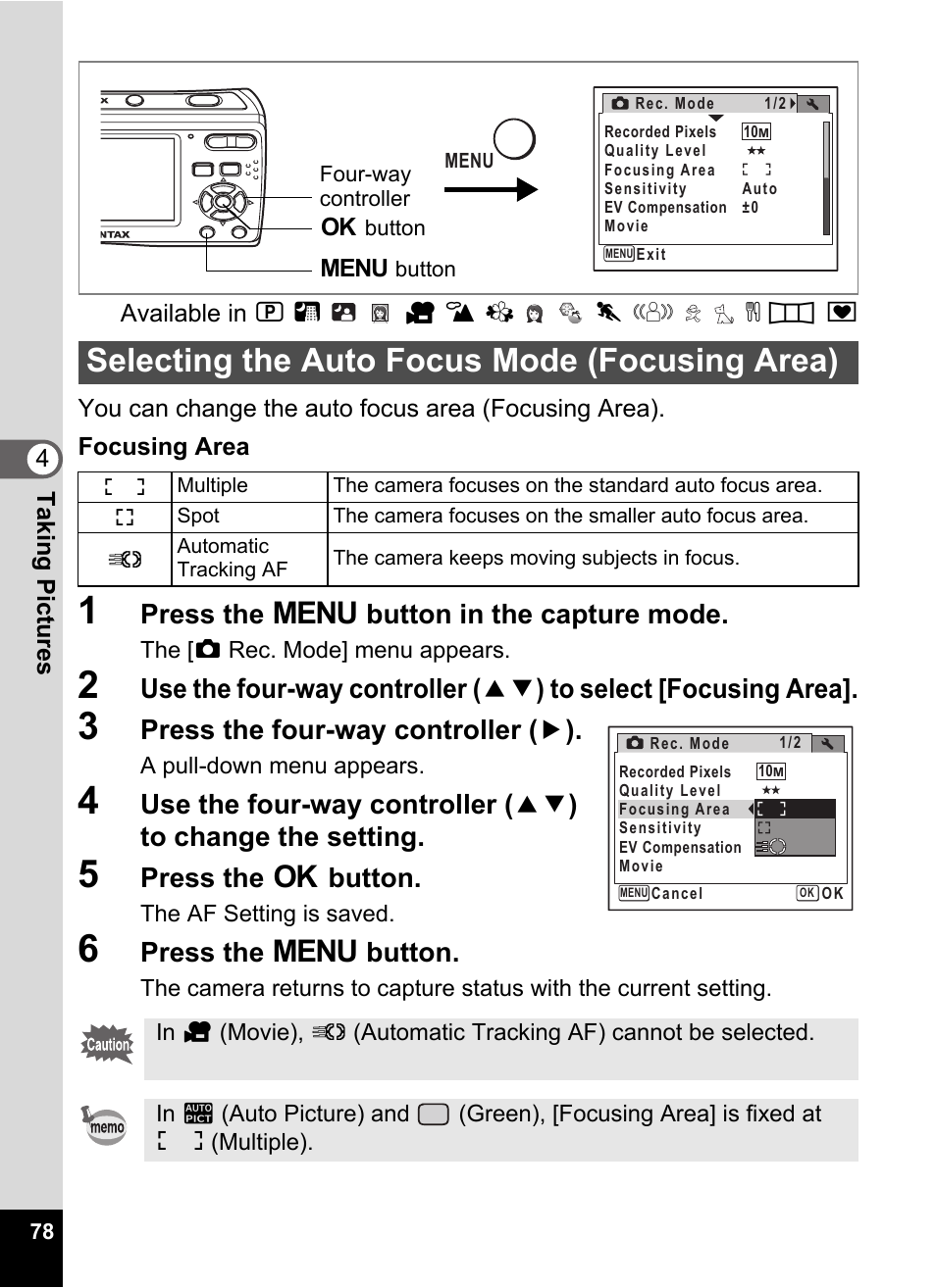 1 press the 3 button in the capture mode, 3 press the four-way controller (5), 5 press the 4 button | 6 press the 3 button, Selecting the auto focus mode (focusing area), P.78, Press the 3 button in the capture mode, Press the four-way controller ( 5 ), Press the 4 button, Press the 3 button | Pentax Optio E60 User Manual | Page 80 / 181