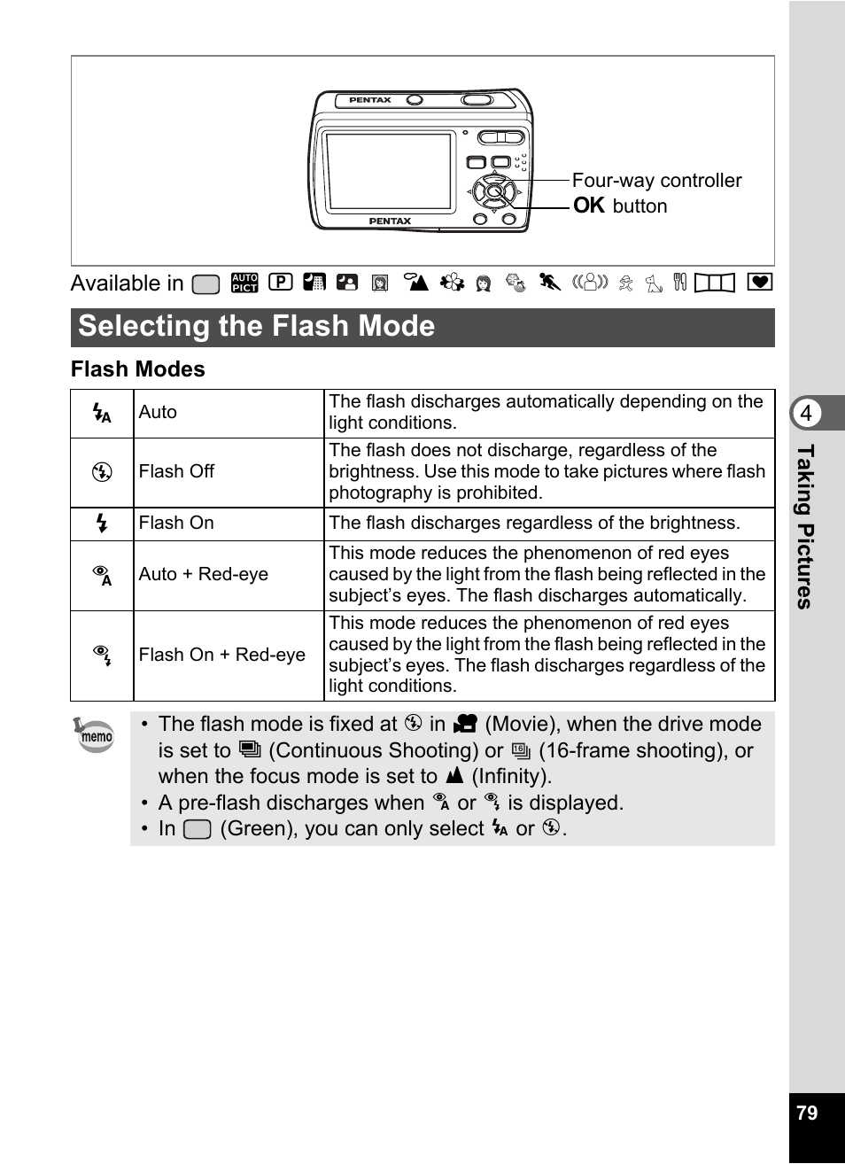 Selecting the flash mode, Flash mode (p.79), Changes the flash mode. (p.79) | Pentax Optio E60 User Manual | Page 81 / 181