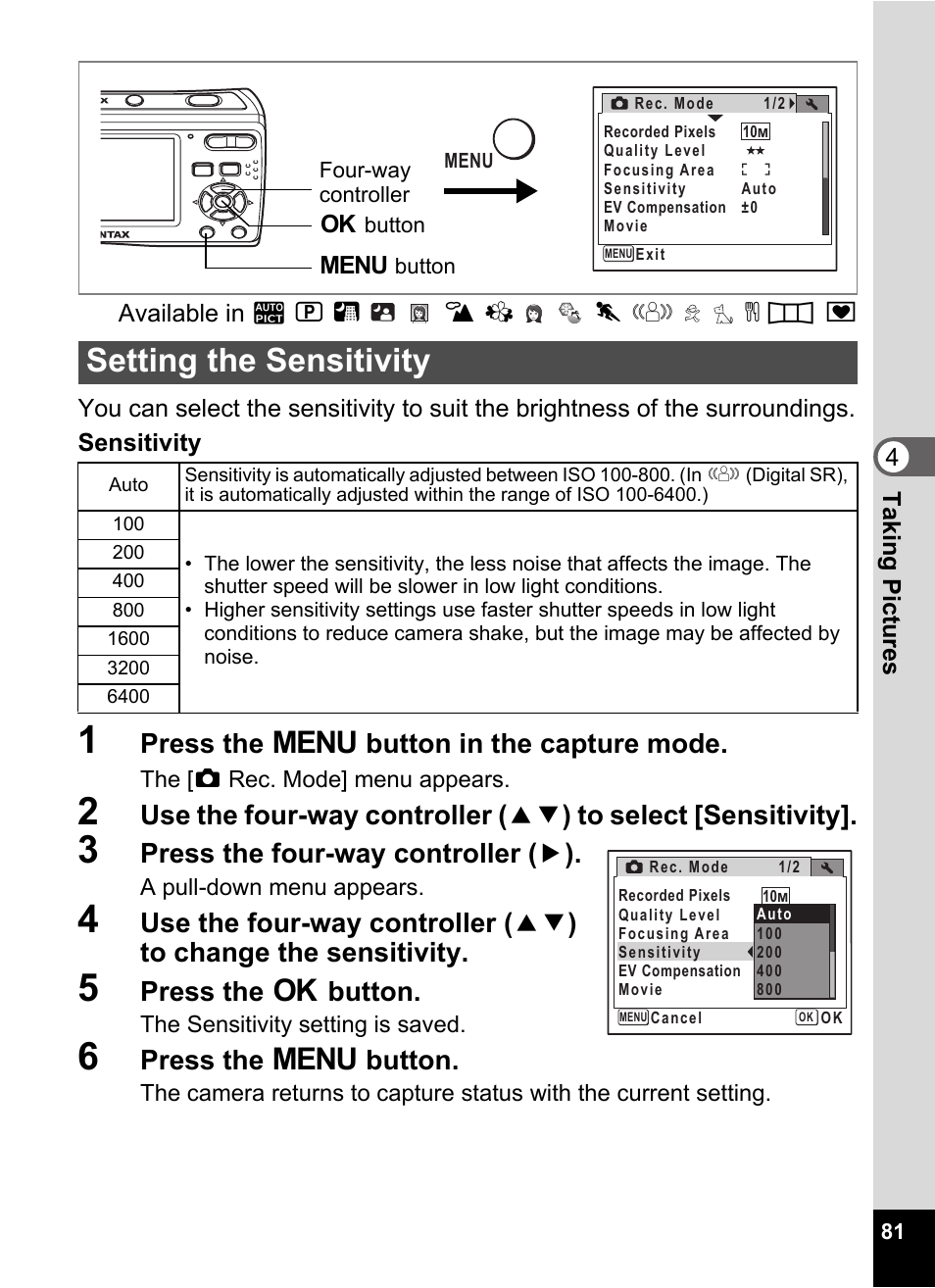 1 press the 3 button in the capture mode, 3 press the four-way controller (5), 5 press the 4 button | 6 press the 3 button, Setting the sensitivity, Sensitivity (p.81), P.81, Press the 3 button in the capture mode, Press the four-way controller ( 5 ), Press the 4 button | Pentax Optio E60 User Manual | Page 83 / 181