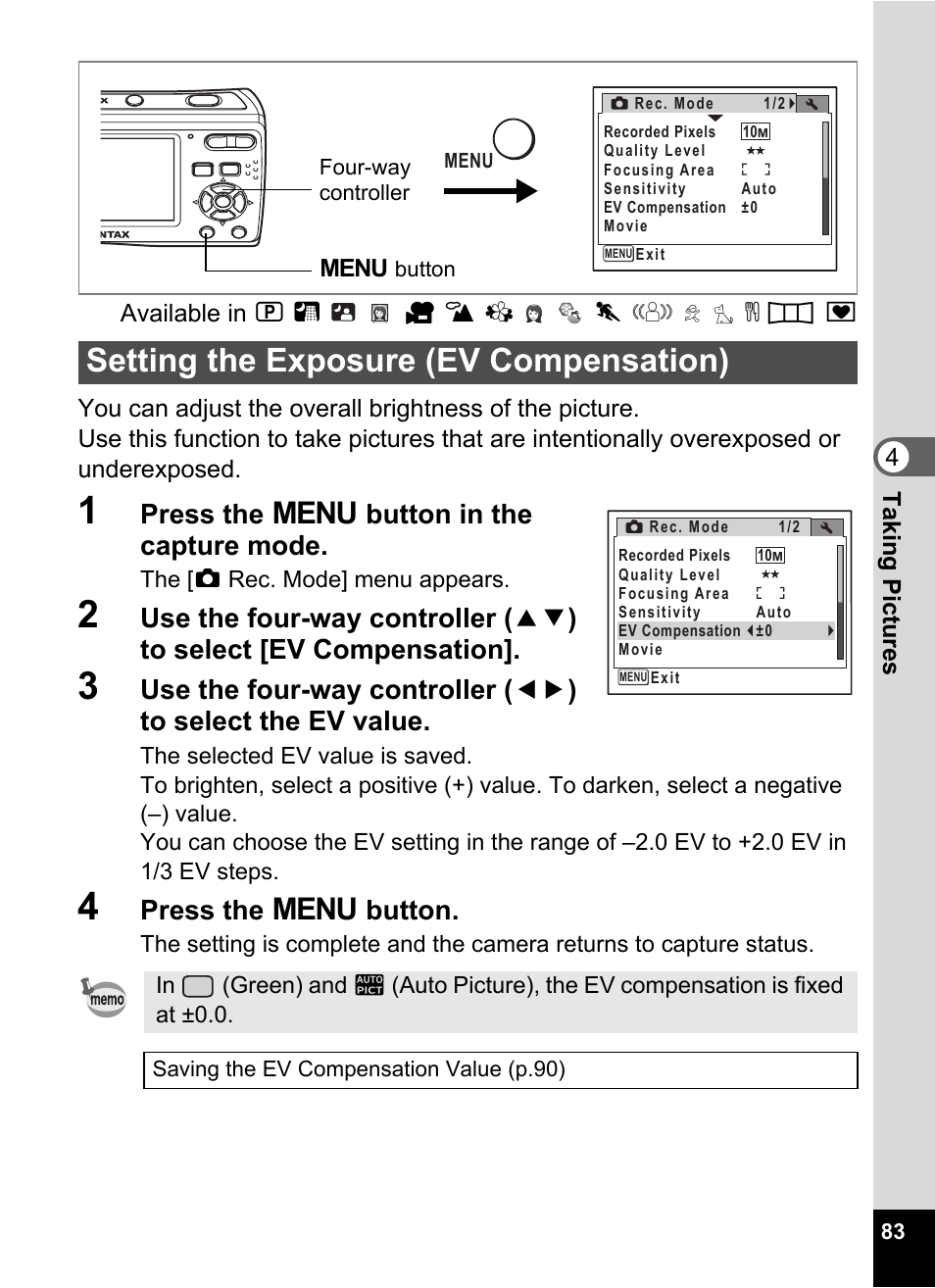 1 press the 3 button in the capture mode, 4 press the 3 button, Setting the exposure (ev compensation) | Ev compensation (p.83), P.83, Press the 3 button in the capture mode, Press the 3 button | Pentax Optio E60 User Manual | Page 85 / 181