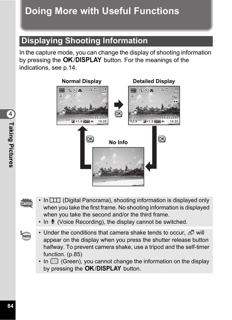 Doing more with useful functions, Displaying shooting information, Camera shake icon (p.84) | On the display. (p.84), 4taking pictures, Detailed display no info normal display | Pentax Optio E60 User Manual | Page 86 / 181