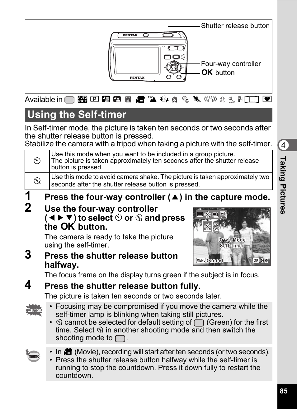 3 press the shutter release button halfway, 4 press the shutter release button fully, Using the self-timer | Drive mode (p.85 – p.87), Mode. (p.85, p.86), Press the shutter release button halfway, Press the shutter release button fully | Pentax Optio E60 User Manual | Page 87 / 181