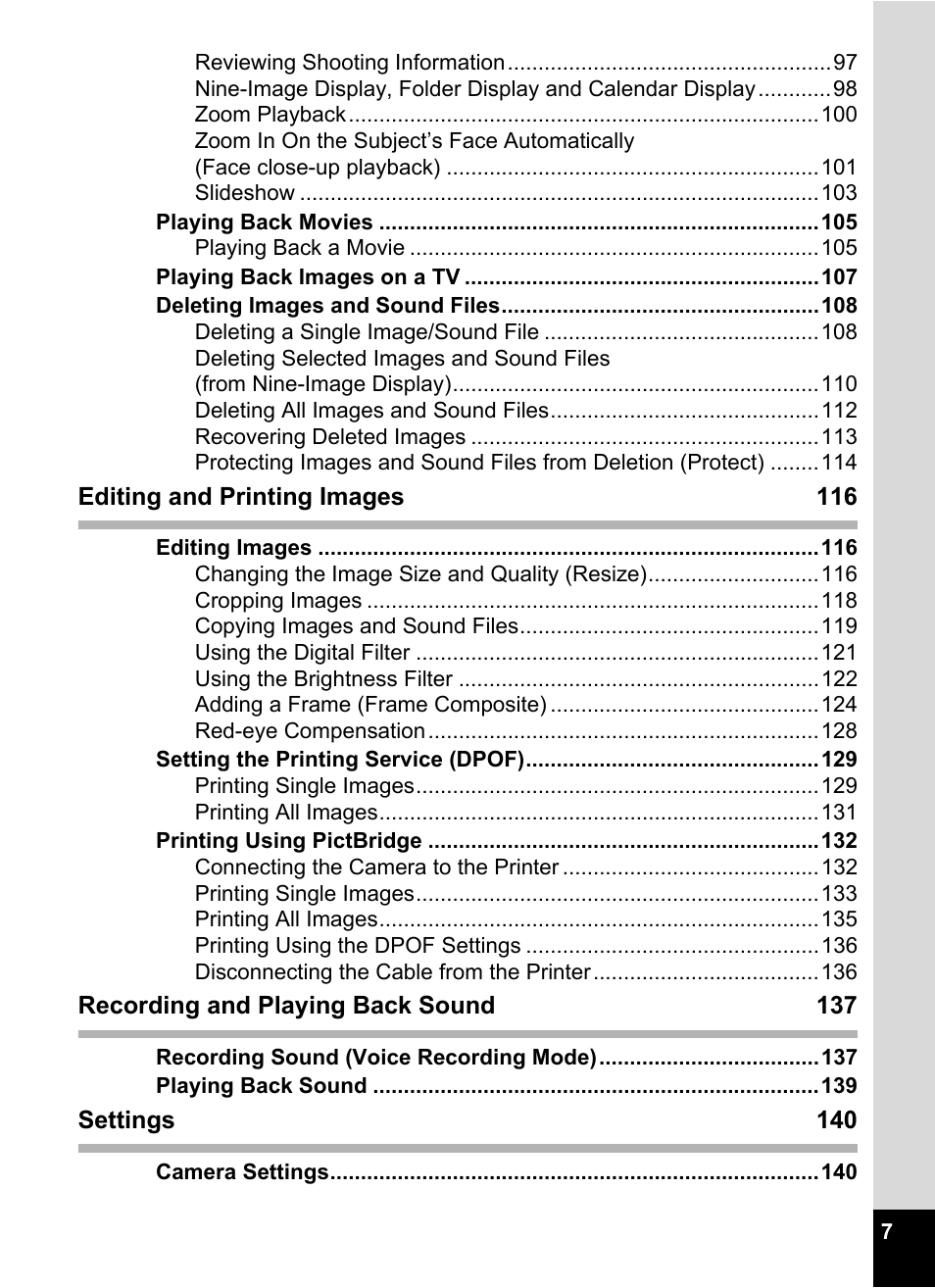 Editing and printing images 116, Recording and playing back sound 137, Settings 140 | Pentax Optio E60 User Manual | Page 9 / 181