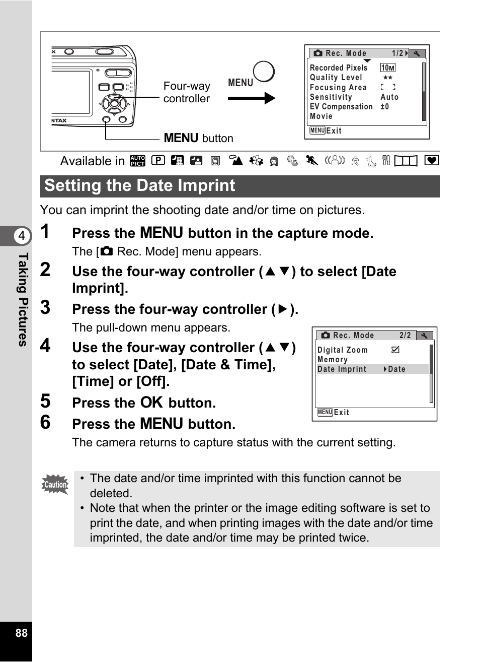 1 press the 3 button in the capture mode, 3 press the four-way controller (5), 5 press the 4 button | 6 press the 3 button, Setting the date imprint, Date imprint setting (p.88), P.88, Press the 3 button in the capture mode, Press the four-way controller ( 5 ), Press the 4 button | Pentax Optio E60 User Manual | Page 90 / 181