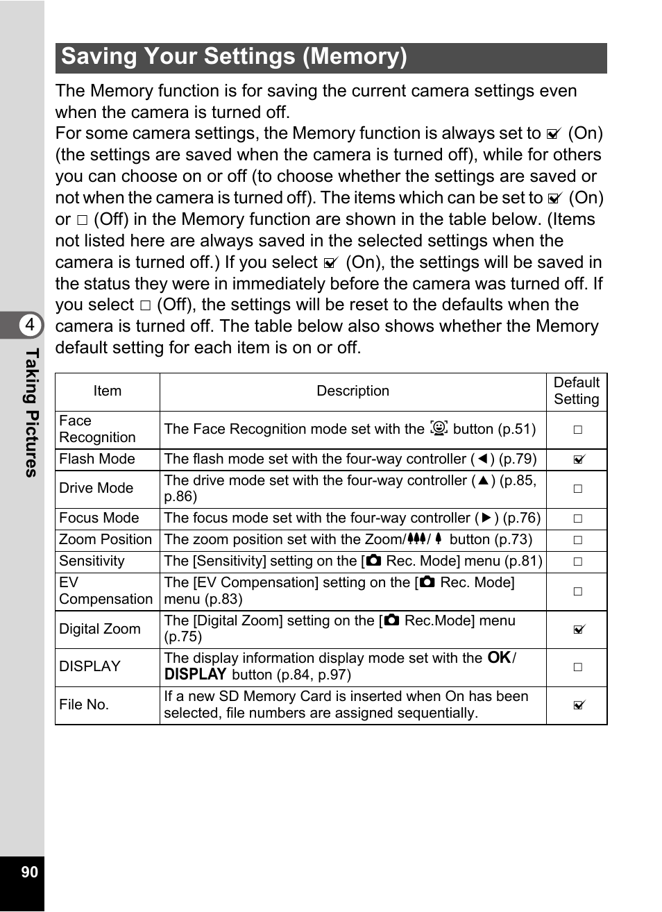 Saving your settings (memory), P.90 | Pentax Optio E60 User Manual | Page 92 / 181