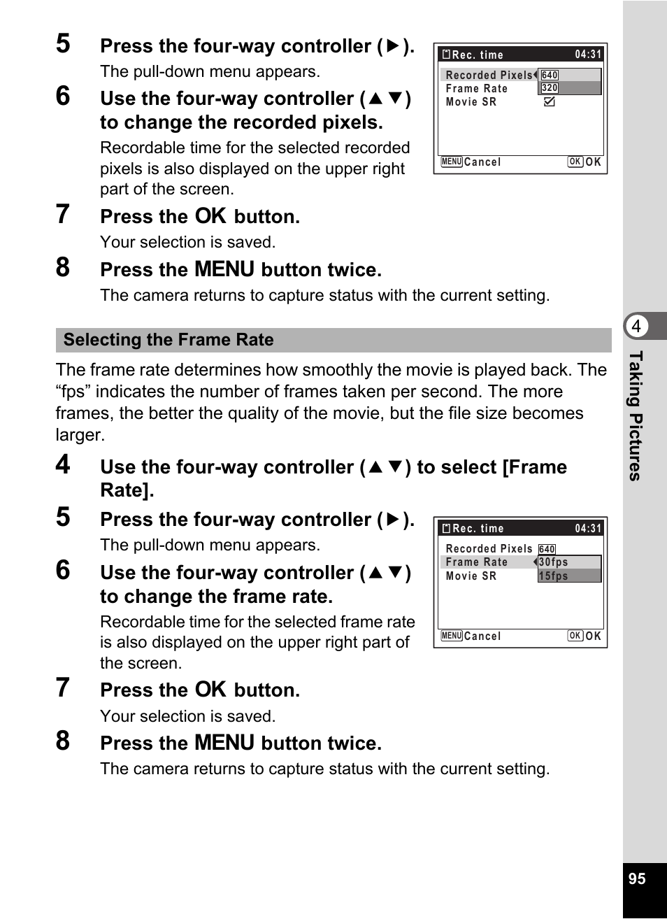 5 press the four-way controller (5), 7 press the 4 button, 8 press the 3 button twice | P.95, Press the four-way controller ( 5 ), Press the 4 button, Press the 3 button twice | Pentax Optio E60 User Manual | Page 97 / 181