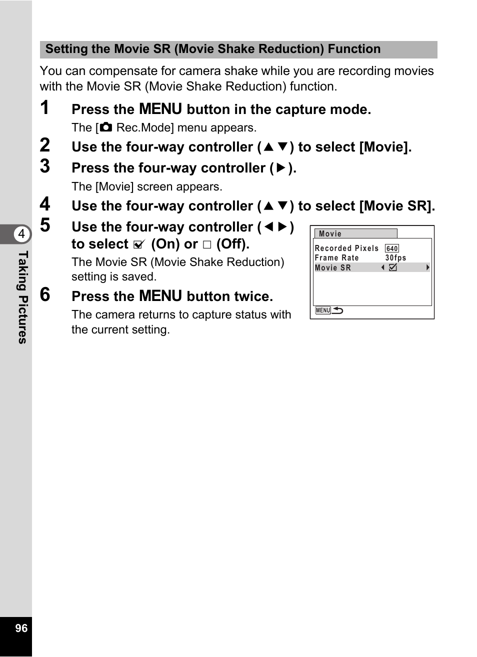 1 press the 3 button in the capture mode, 3 press the four-way controller (5), 6 press the 3 button twice | P.96 | Pentax Optio E60 User Manual | Page 98 / 181