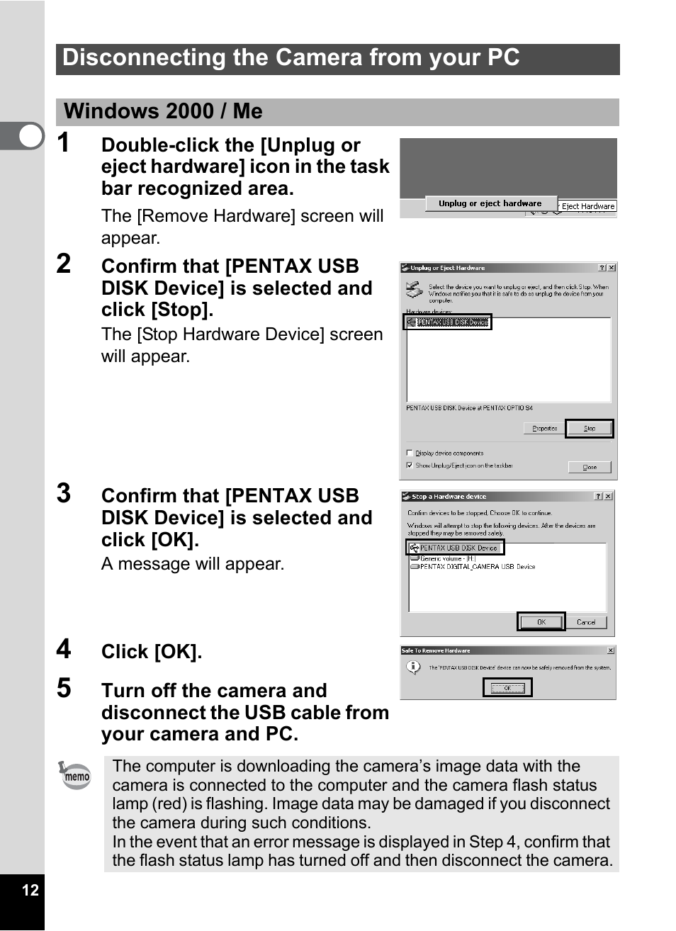 Disconnecting the camera from your pc | Pentax Optio S4 User Manual | Page 14 / 38