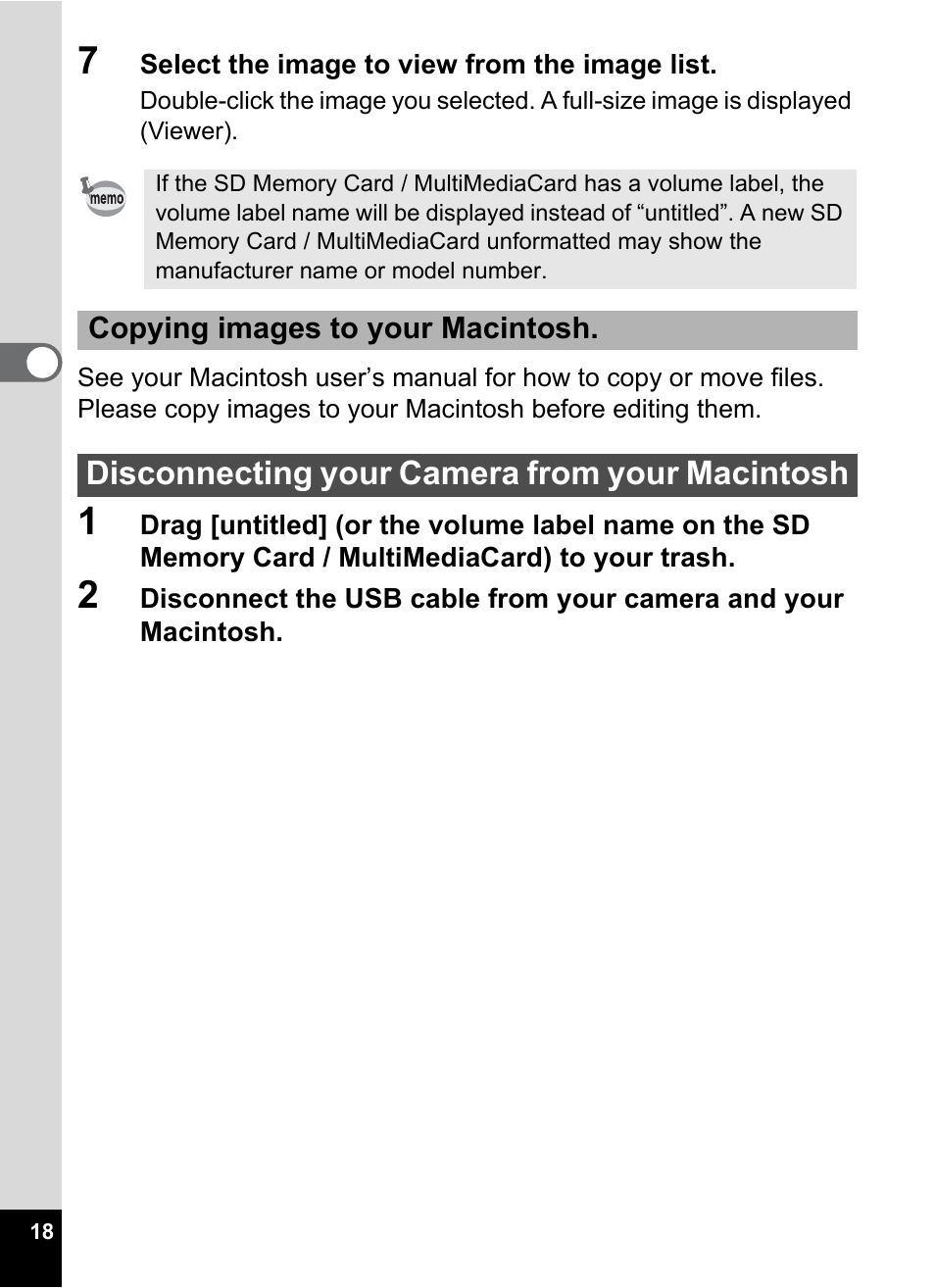 Disconnecting your camera from your macintosh | Pentax Optio S4 User Manual | Page 20 / 38