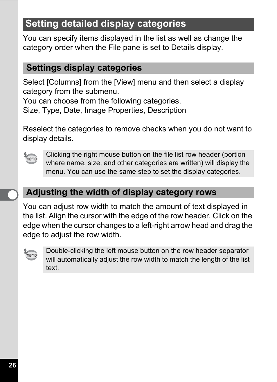 Setting detailed display categories, Settings display categories, Adjusting the width of display category rows | Pentax Optio S4 User Manual | Page 28 / 38