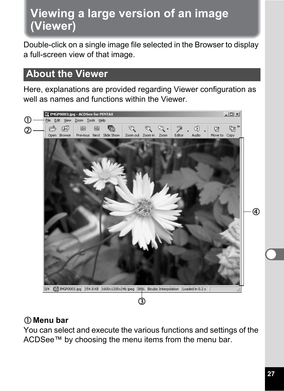 Viewing a large version of an image (viewer), About the viewer | Pentax Optio S4 User Manual | Page 29 / 38