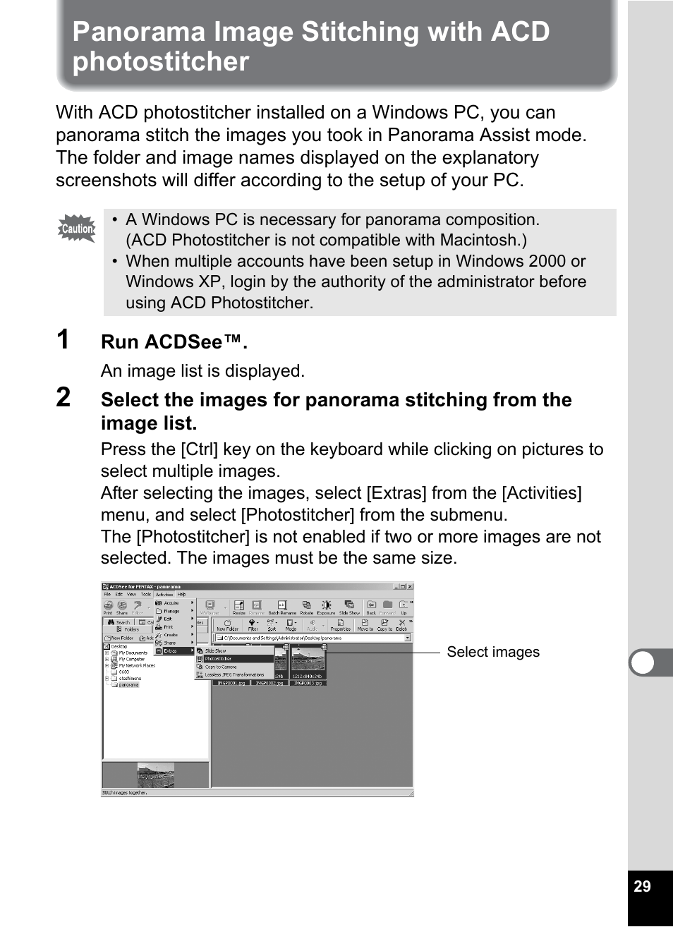 Panorama image stitching with acd photostitcher | Pentax Optio S4 User Manual | Page 31 / 38