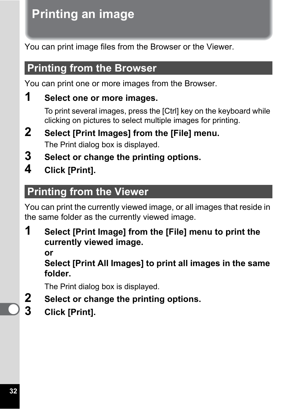 Printing an image, Printing from the browser, Printing from the viewer | Printing from the browser printing from the viewer | Pentax Optio S4 User Manual | Page 34 / 38