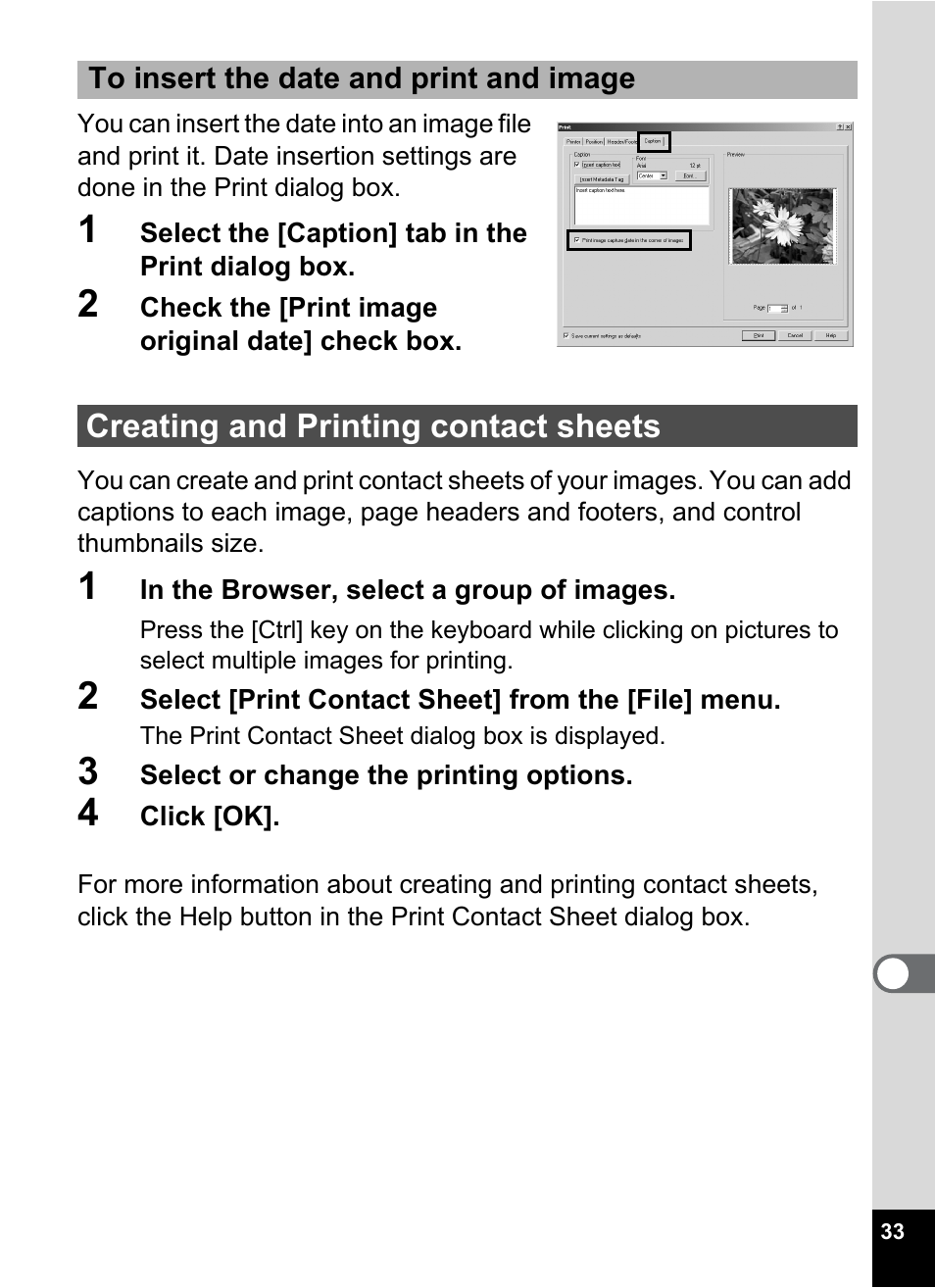 Creating and printing contact sheets | Pentax Optio S4 User Manual | Page 35 / 38