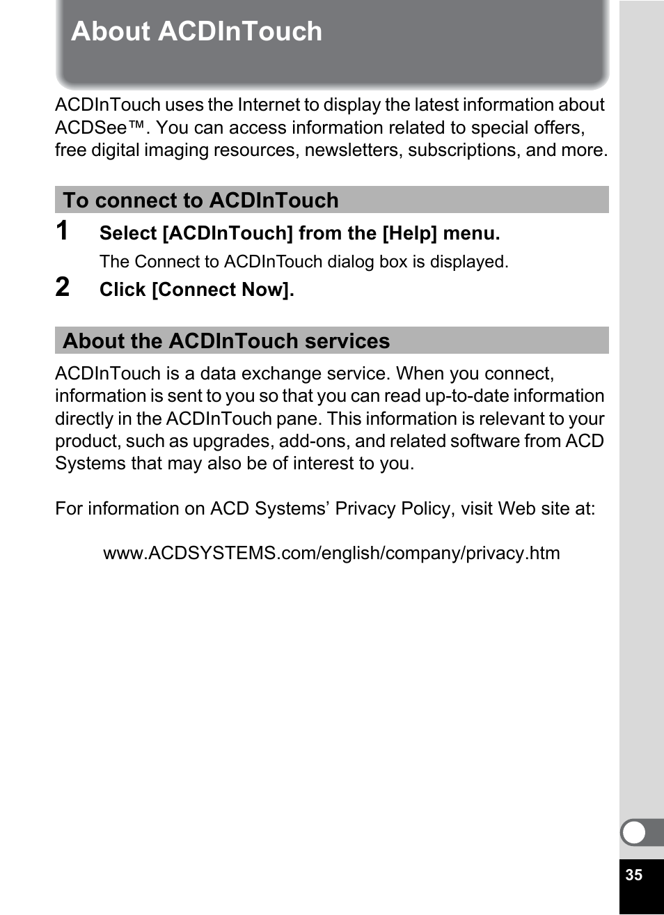 About acdintouch | Pentax Optio S4 User Manual | Page 37 / 38