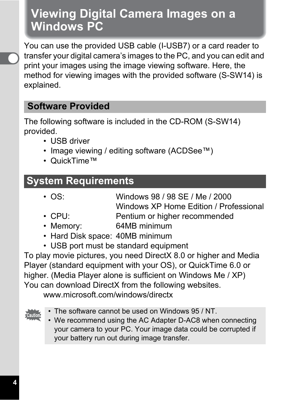 Viewing digital camera images on a windows pc, System requirements | Pentax Optio S4 User Manual | Page 6 / 38