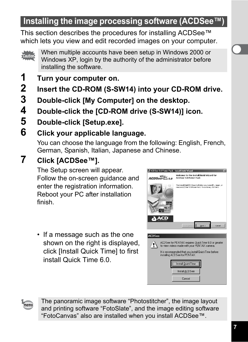 Installing the image processing software (acdsee™) | Pentax Optio S4 User Manual | Page 9 / 38