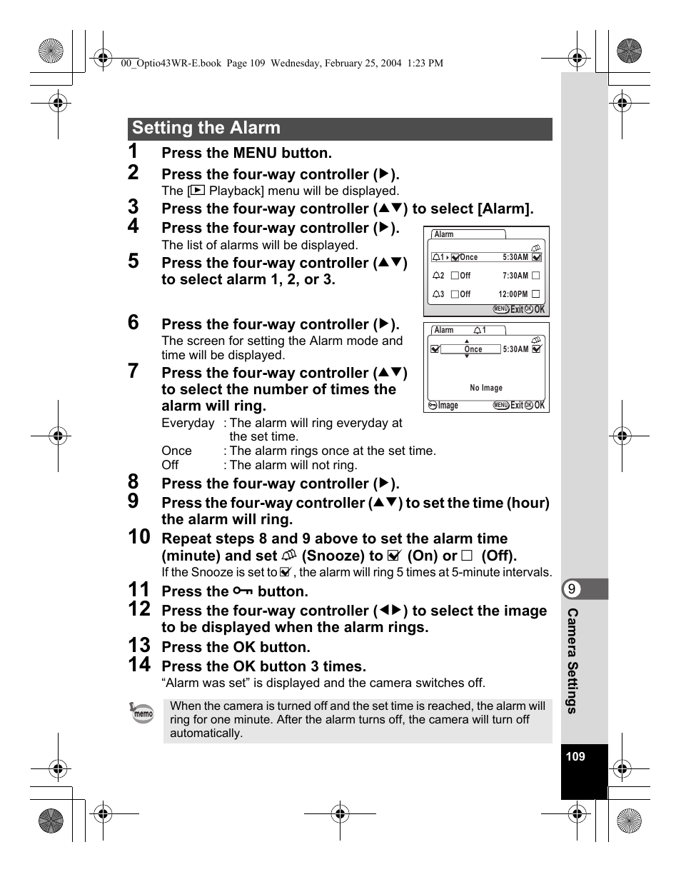 Setting the alarm | Pentax Optio 43WR User Manual | Page 111 / 128