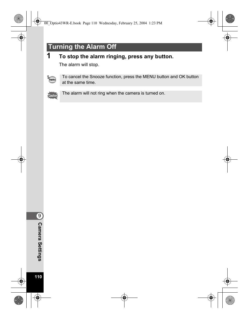 Turning the alarm off | Pentax Optio 43WR User Manual | Page 112 / 128