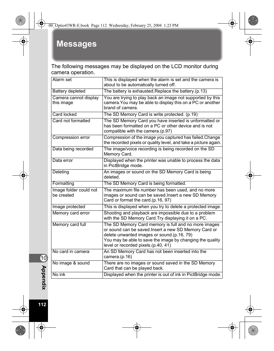 Messages | Pentax Optio 43WR User Manual | Page 114 / 128