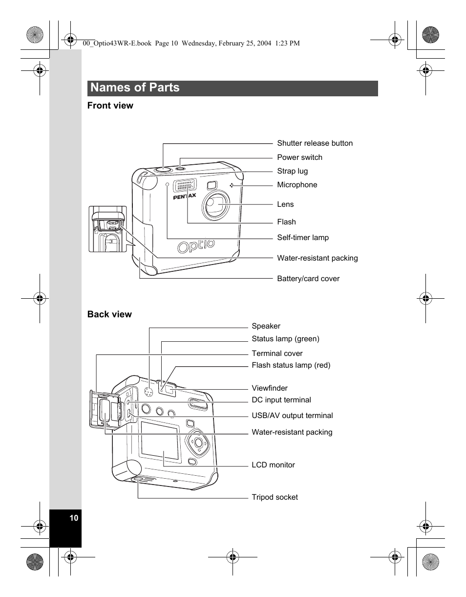 Names of parts | Pentax Optio 43WR User Manual | Page 12 / 128