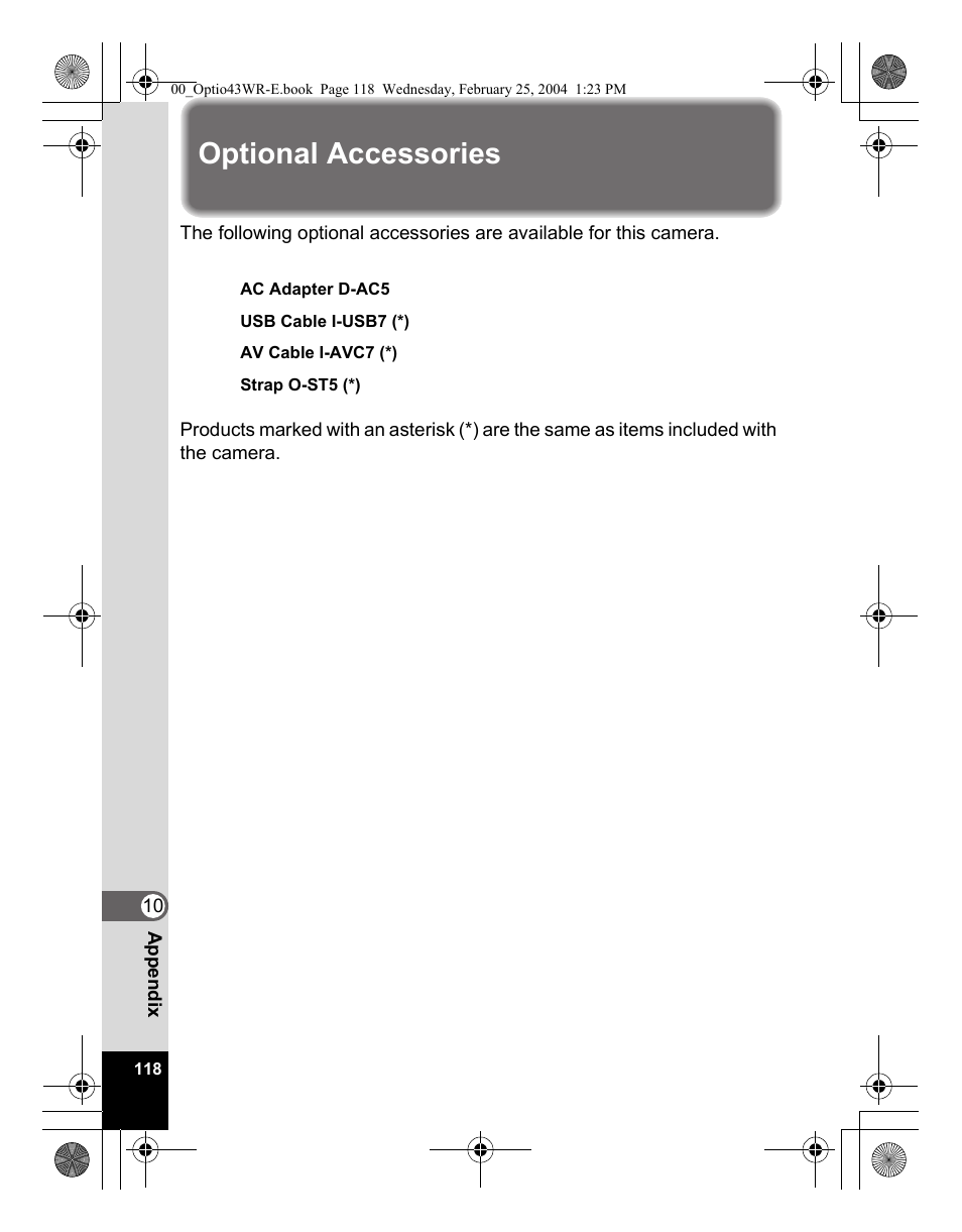 Optional accessories | Pentax Optio 43WR User Manual | Page 120 / 128