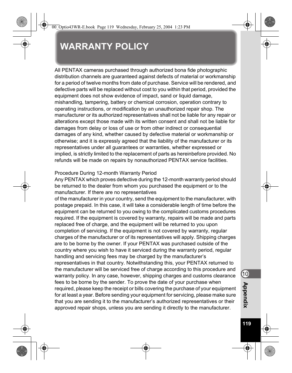 Warranty policy | Pentax Optio 43WR User Manual | Page 121 / 128