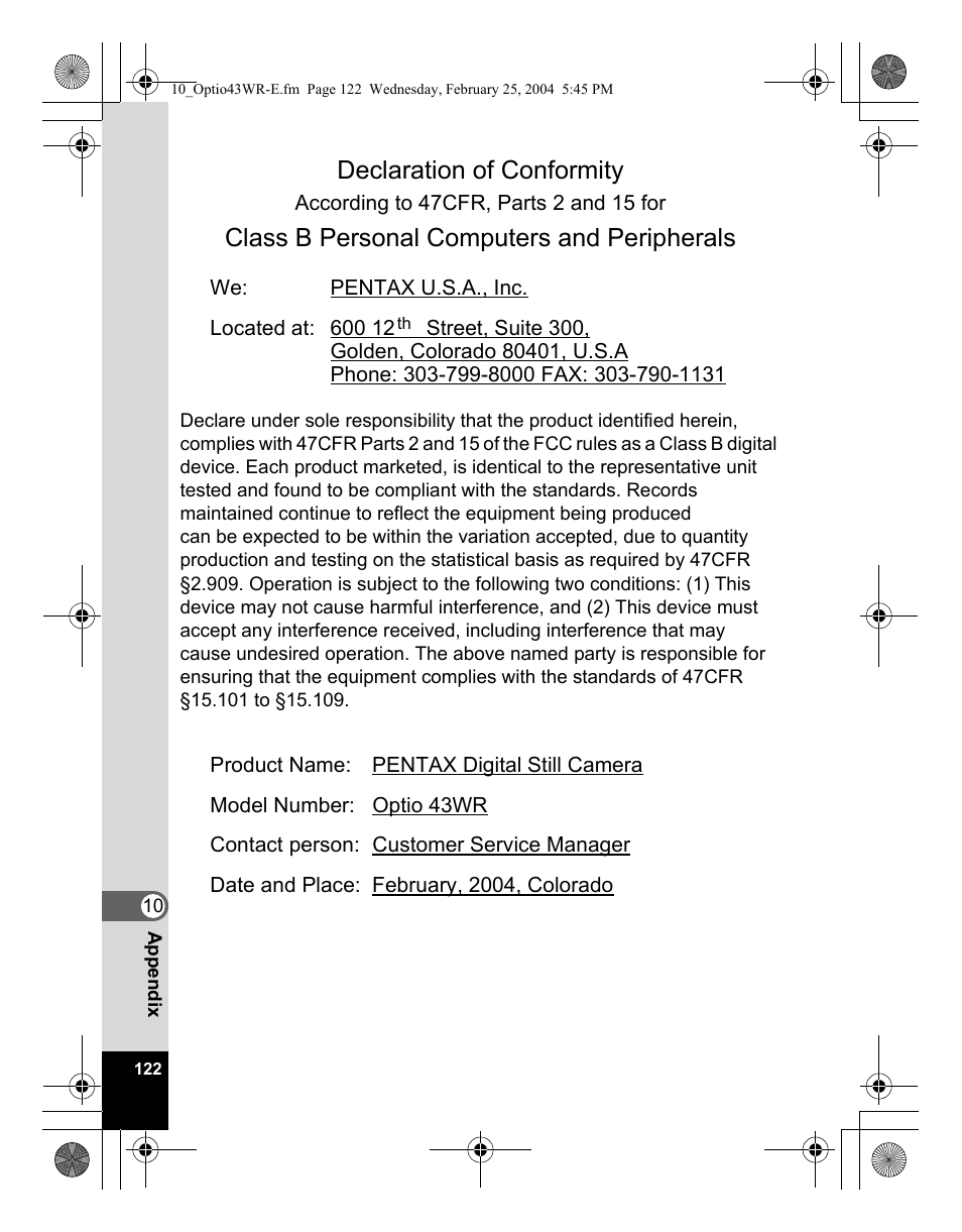 Declaration of conformity, Class b personal computers and peripherals | Pentax Optio 43WR User Manual | Page 124 / 128