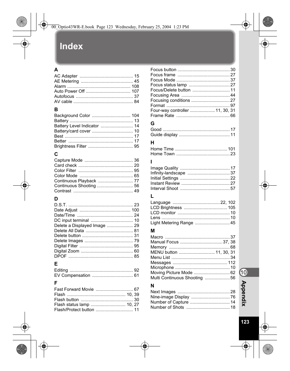 Index | Pentax Optio 43WR User Manual | Page 125 / 128