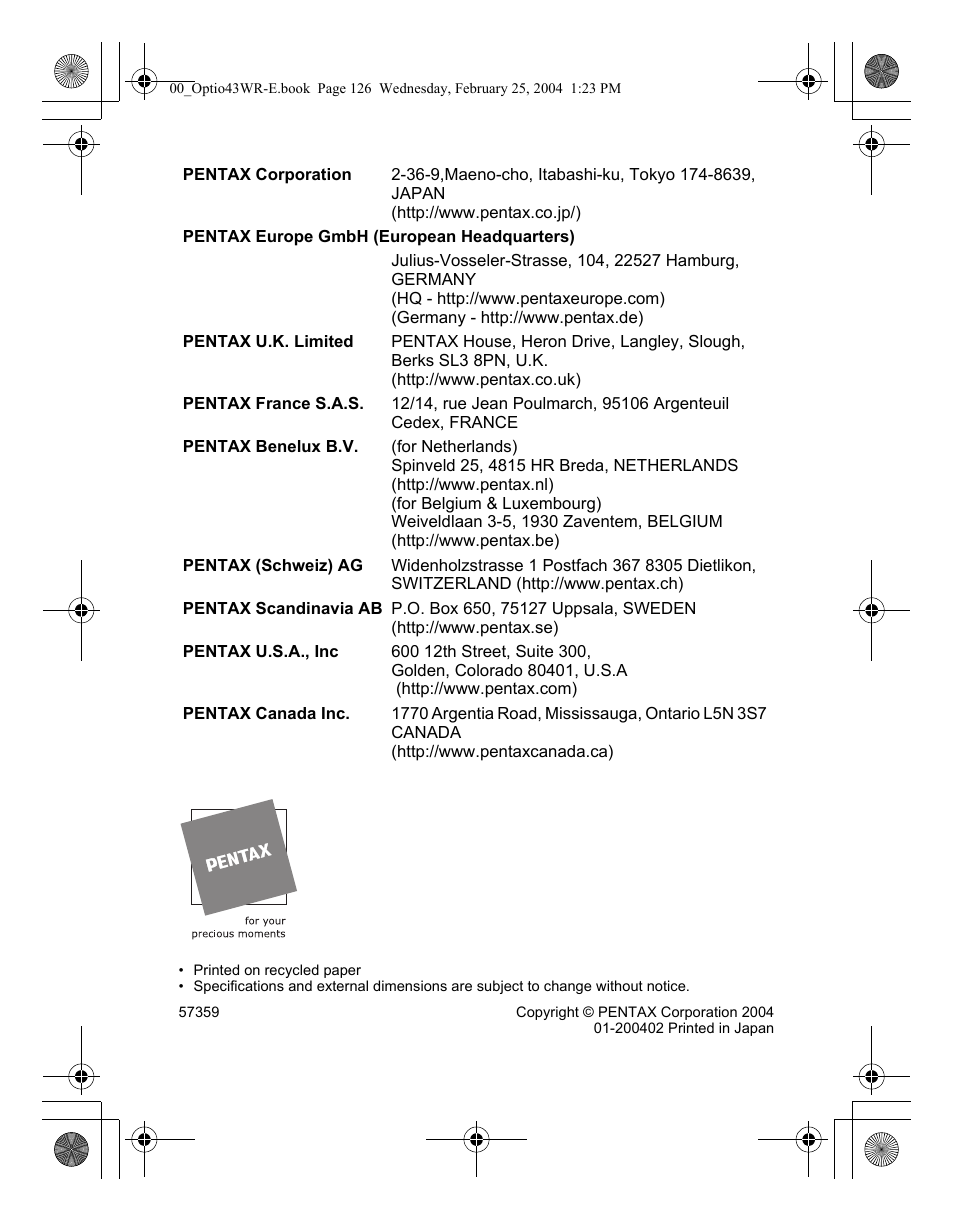 Pentax Optio 43WR User Manual | Page 128 / 128
