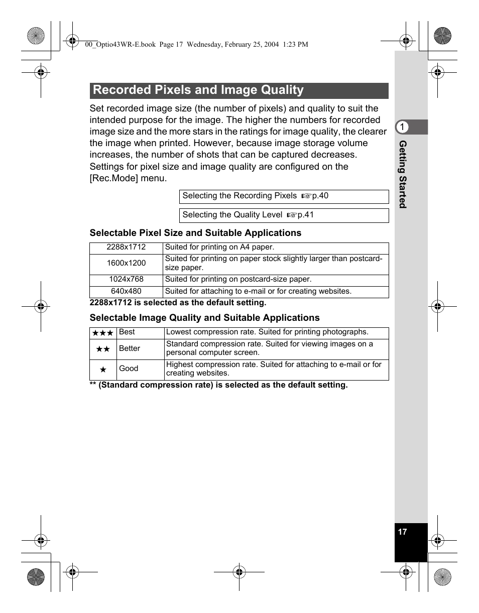 Recorded pixels and image quality | Pentax Optio 43WR User Manual | Page 19 / 128