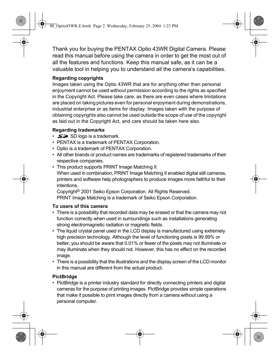 Pentax Optio 43WR User Manual | Page 2 / 128