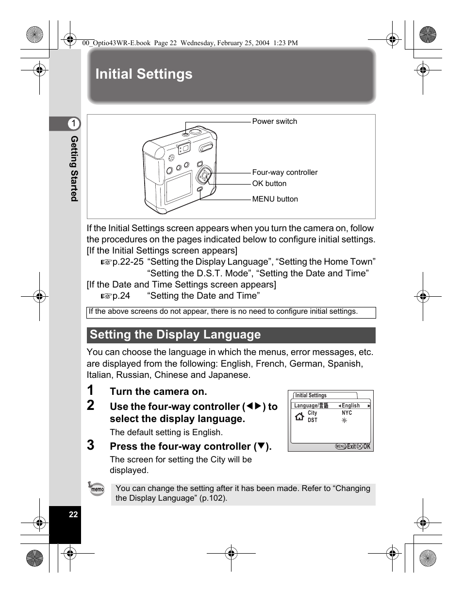 Initial settings, Setting the display language | Pentax Optio 43WR User Manual | Page 24 / 128