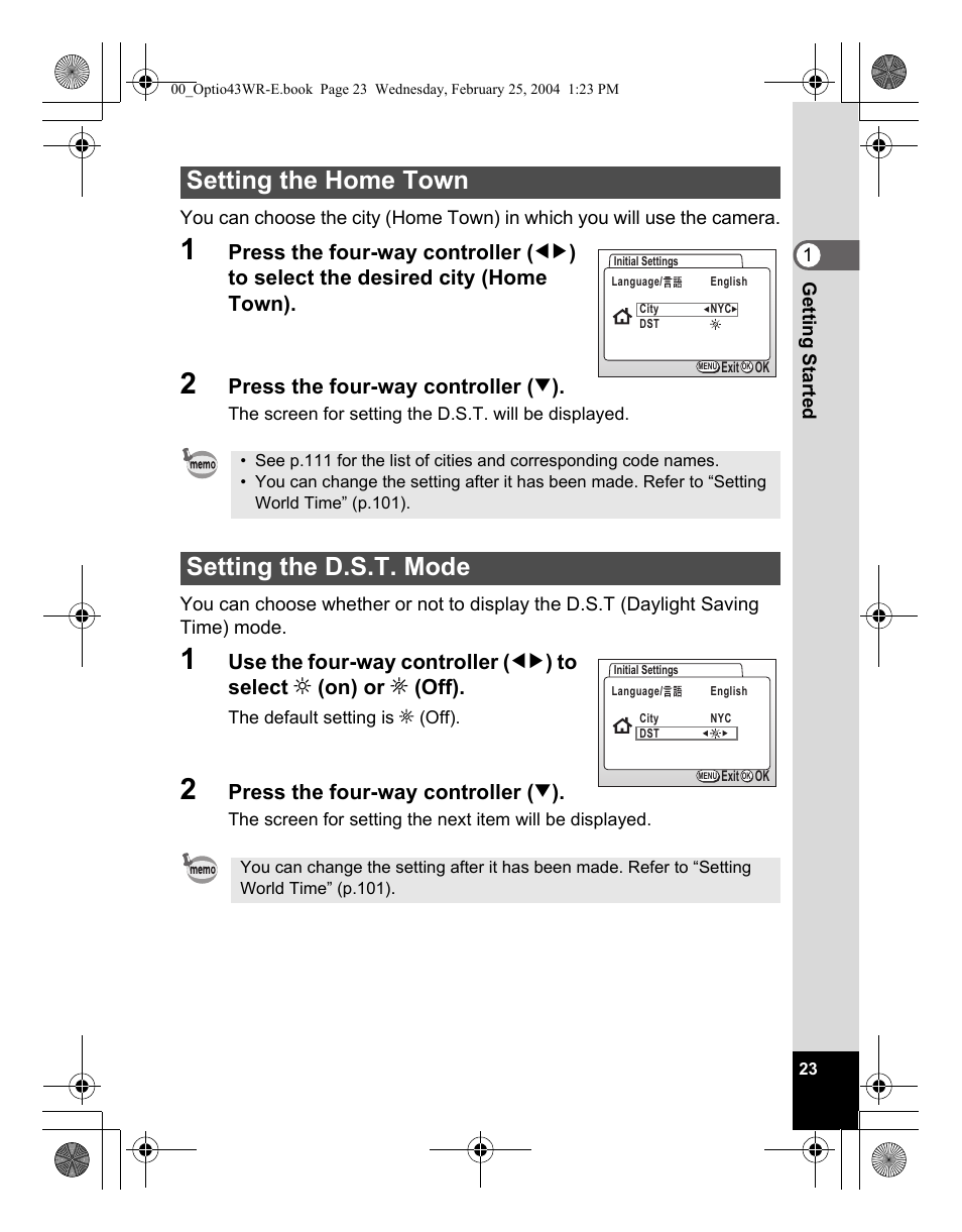 Setting the home town, Setting the d.s.t. mode | Pentax Optio 43WR User Manual | Page 25 / 128
