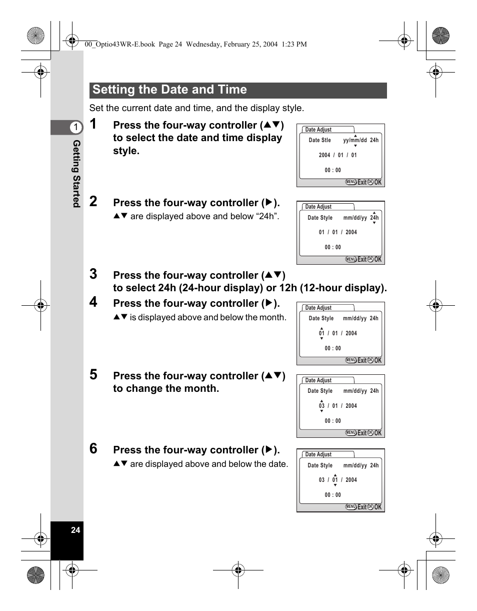 Setting the date and time, Press the four-way controller ( 5 ) | Pentax Optio 43WR User Manual | Page 26 / 128