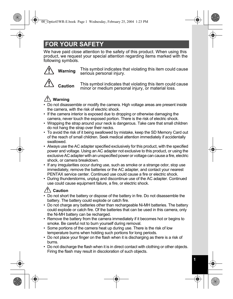 For your safety | Pentax Optio 43WR User Manual | Page 3 / 128