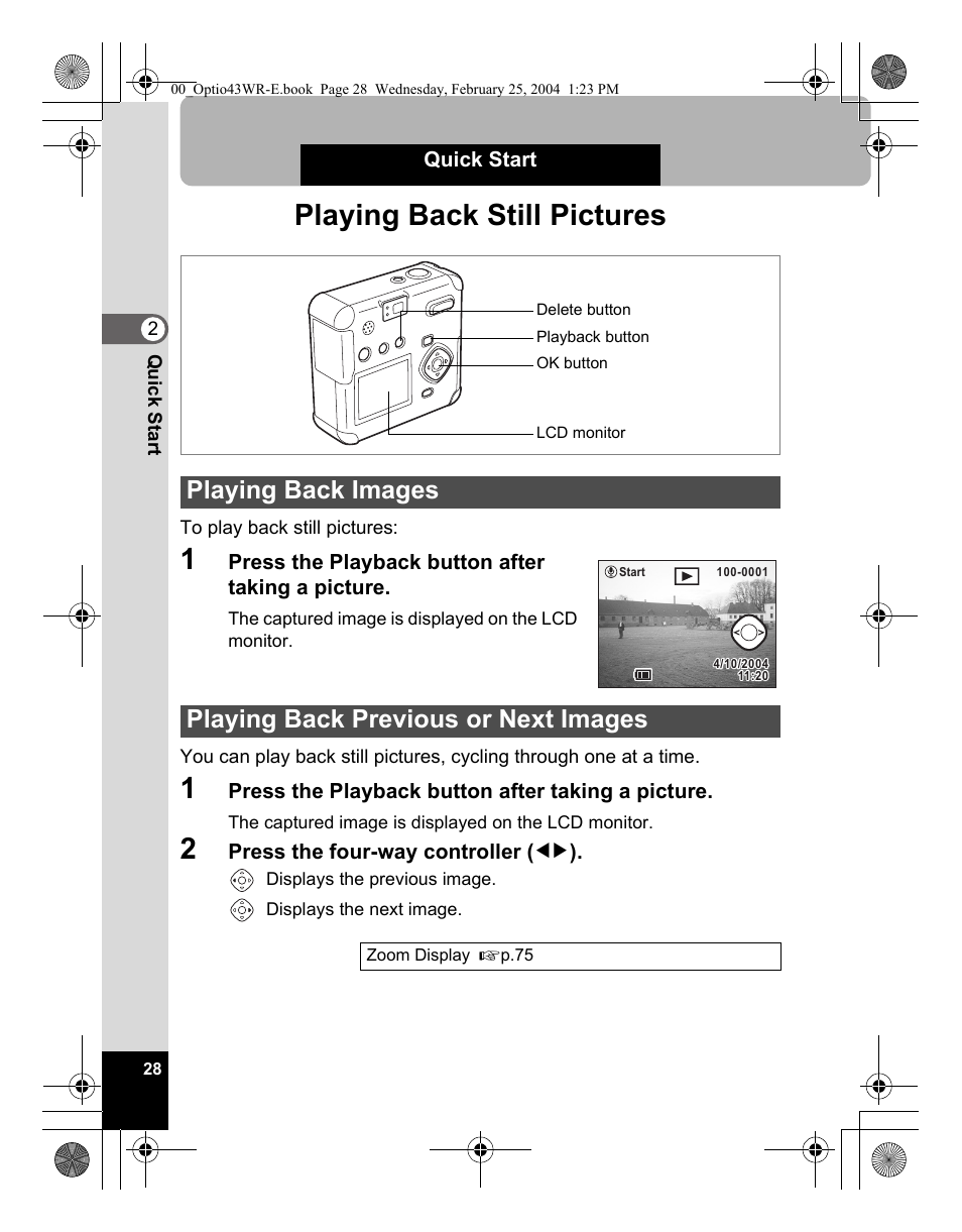 Playing back still pictures | Pentax Optio 43WR User Manual | Page 30 / 128