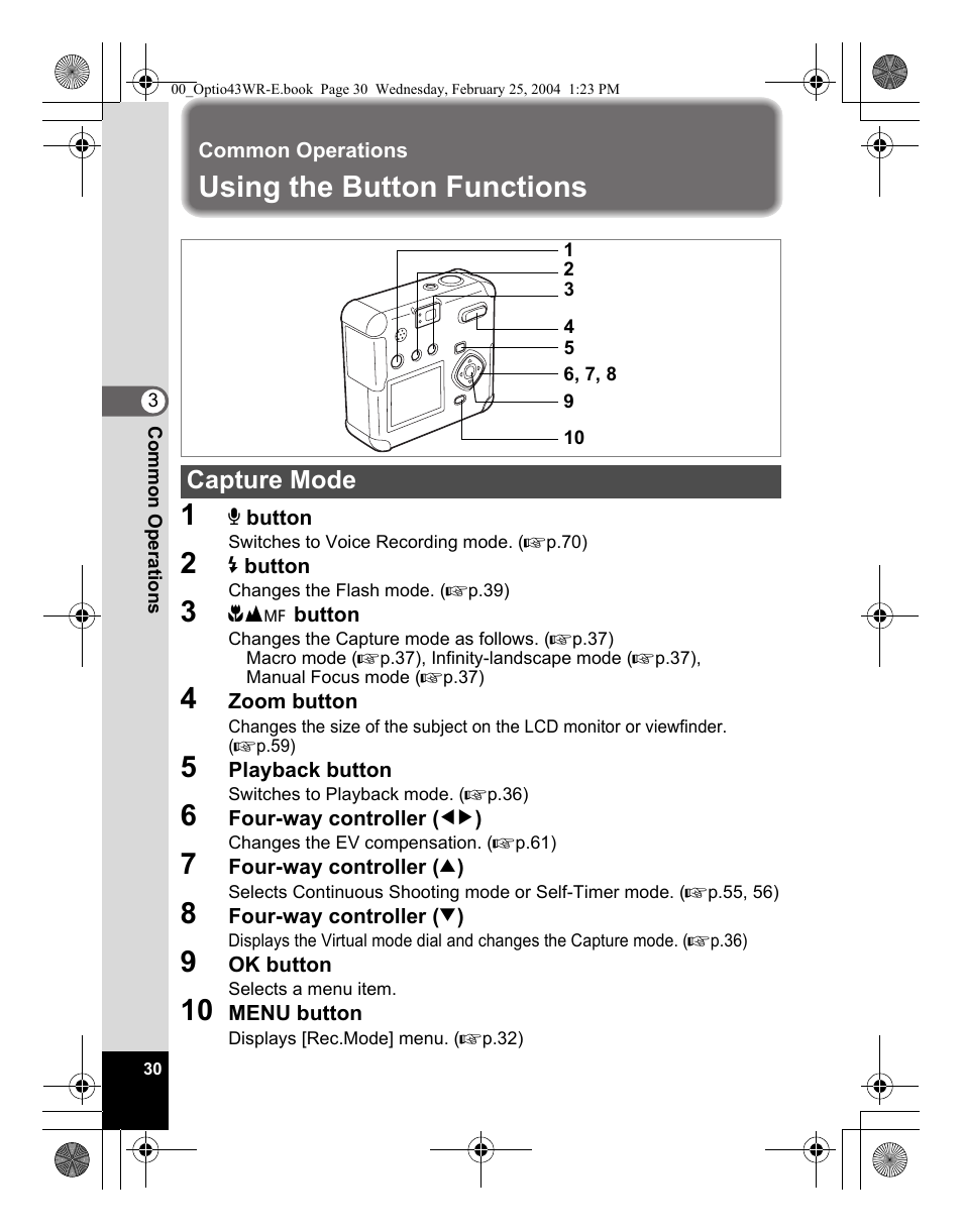 Using the button functions 1, Capture mode | Pentax Optio 43WR User Manual | Page 32 / 128