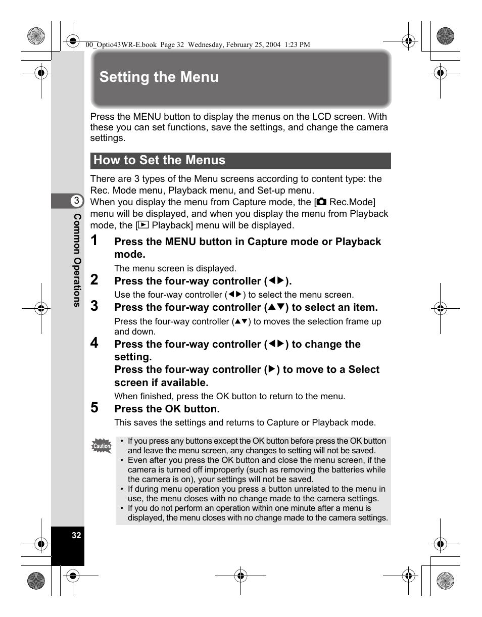 Setting the menu, How to set the menus | Pentax Optio 43WR User Manual | Page 34 / 128