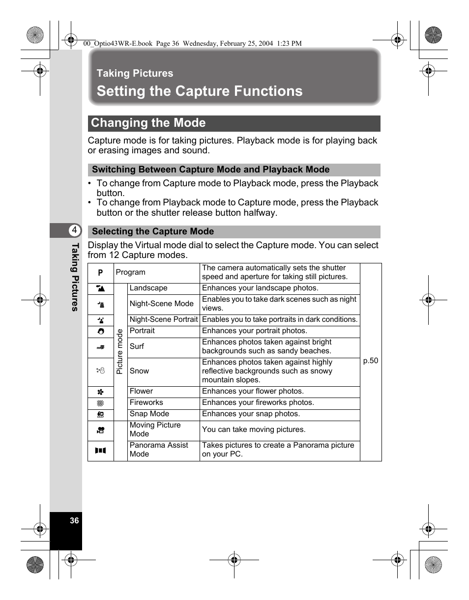 Setting the capture functions, Changing the mode, Taking pictures | Pentax Optio 43WR User Manual | Page 38 / 128